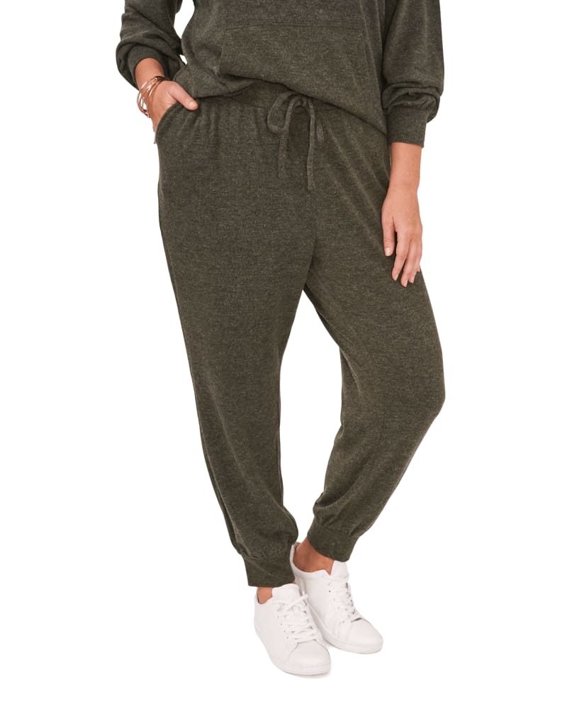 Front of a model wearing a size 0X Maxine Drawstring Jogger in FATIGUE GREEN by 1.State. | dia_product_style_image_id:262166